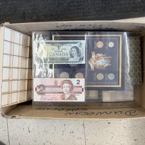 Box of Bank Notes, Coins & Cutlery Set