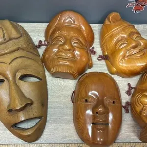 5 Carved Wooden Masks, Long Face 11.5"L.