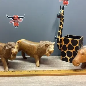 Carved Wooden Lions & Hippo and Giraffe Pen