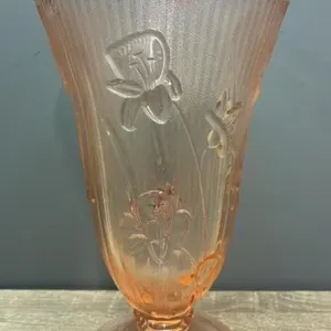 Iris & Herringbone Pink Glass Vase. 9”H.