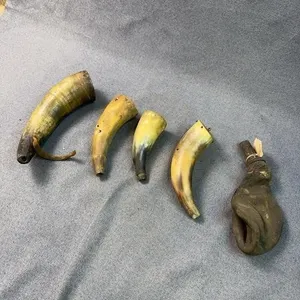 Antique Black Powder Horns & Leather Flask Lot