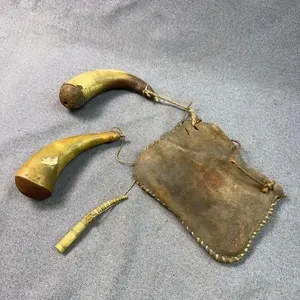 Antique Handcrafted Powder Horns & Leather Pouch