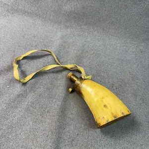 19th Century Horn Powder Flask, Brass Charger