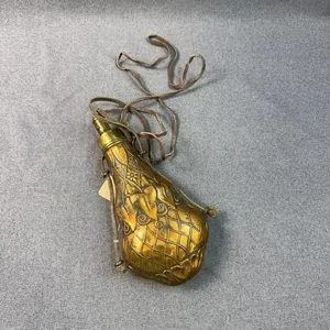 19th C. Embossed Brass Powder Flask with Strap