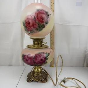 Framed Rose Glass Oil Lamp w/ Frayed Wire