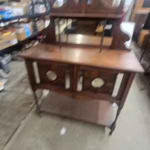 Fancy Antique Carved Wood Sideboard with Mirrored Backsplash and Lower Cabinet Doors 56”×42”×17”