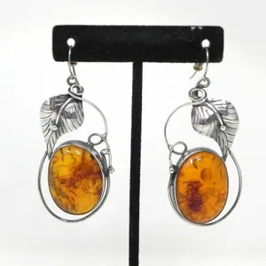 ART NOUVEAU STYLE SILVER & AMBER EARRINGS 24g