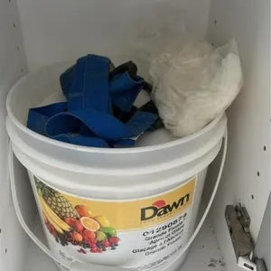 Bucket, 1 tie strap, and rubber gloves