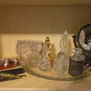 Antique Perfume Bottles, Razor, Mirror, Purse