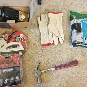 Wheel locks, door lock, hammer, gloves, etc