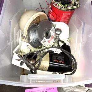 TOTE WITH DRILL, WIRE, TRAILER WIRING PARTS, ETC