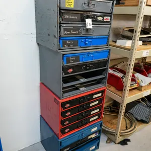 Stacked Metal Storage Cabinets With Hardware, Fasteners, Rivnuts, Clamps, Gaskets, And Miscellaneous