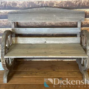 RUSTIC WOOD BENCH WITH WAGON WHEEL ARM RESTS