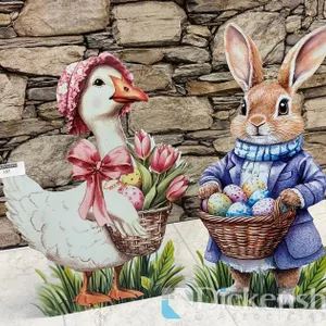 EASTER DUCK AND BUNNY WITH METAL LEANING STAND