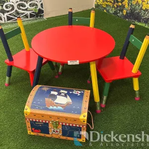 CHILDREN'S PENCIL TABLE AND CHAIRS WITH TREASURE CHEST