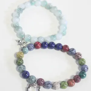 2 GEMSTONE BRACELETS W CRYSTAL BFLY &