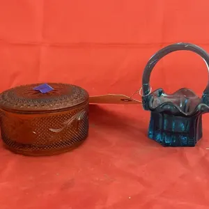 Small Blue Glass Basket & Amber Powder Dish