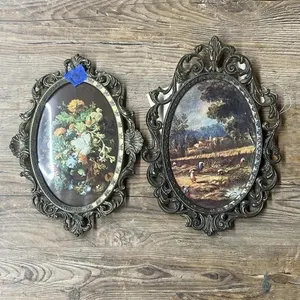 2 - Oval Gold Toned Framed Art 6"x9" & Smaller