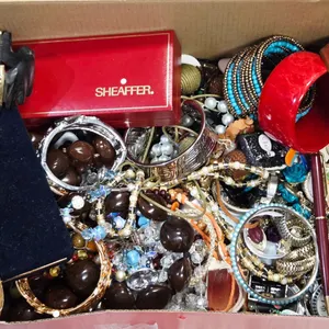 BOX OF JEWELRY PENS AND WATCHES