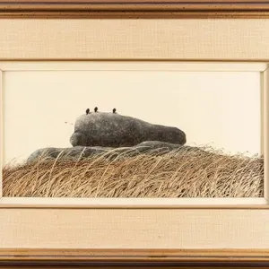 LANDSCAPE WITH BIRDS ON ROCK OIL PAINTING
