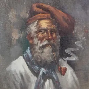 R. VILLANI SMOKING MARINER PORTRAIT OIL PAINTING