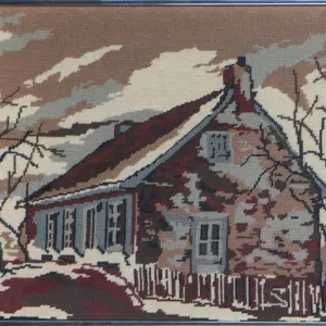VINTAGE RURAL HOUSE NEEDLEPOINT TAPESTRY