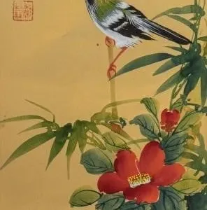 ZHENG MOU BIRD AND BAMBOO HANGING SCROLL PAINTING