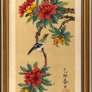 ZHENG MOU BIRD AND BLOSSOMS INK PAINTING