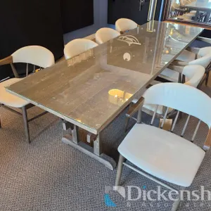 APPROXIMATE 8 FT GLASS-TOP CONFERENCE TABLE, (8) MATCHING