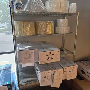 WIRE RACK WITH LAMP SHADES & BOXED CEILING FANS