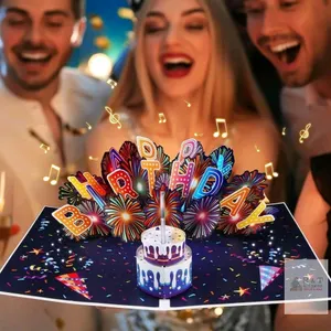 New MZD8391 Large 3D Pop-Up Birthday Card, Music & Lights Play When Card Opens, Blow "Out" Candle To Hear Applause! With Envelope, Battery Include
