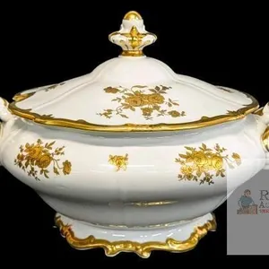 Vintage East Germany Echt Weimar Karherine #17010 Porcelain Soup Tureen, Gold Roses, No Chips or Cracks, Shelf-Wear To Bottom, 9" Tall