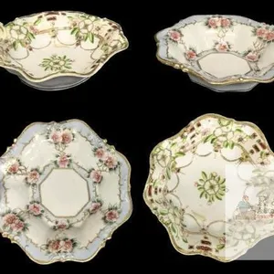 2 Antique to Vintage Handpainted Nippon Nut Dishes With Raised Gold Beads and Handles, 6.4" × 5.5" × 2.25" High, No Chips or Cracks