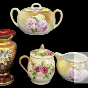 Vintage R.S. Germany Creamer & Lidded Sugar Dish With Pink / White Flowers, J&C "Orid" Lidded Floral Mustard Jar & RTL Czechoslovakia Habd