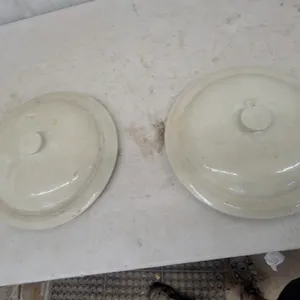Pair of Vintage Cream Glazed Stoneware Lids, Both for 6-Gallon