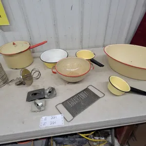 Vintage Victor Flour Sifter, Enamelware Colander, Bowls, Pots, Grater, Egg Beater
