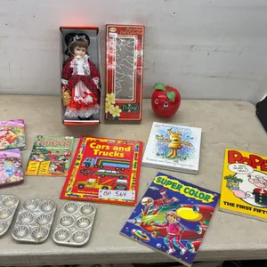 Porcelain Doll, Books: Disney Princess Books, Cars and Trucks, Popeye, Super Color, and 3 Vintage