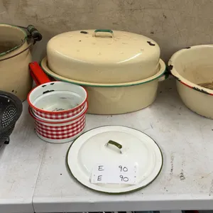 Enamelware Lot: Large Roaster, Basin, Bucket, Colander, 2 Saucepans, and Lid