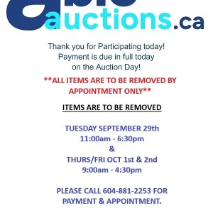 Removal is by appointment only. Tues Sept 29th 11am-6:30pm & Thurs/Fri Oct 1st & 2nd 9am-4:30pm