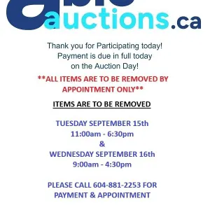 Removal is by appointment only. Tues Sept 15th 11am-6:30pm & Wed Sept 16th 9am-4:30pm