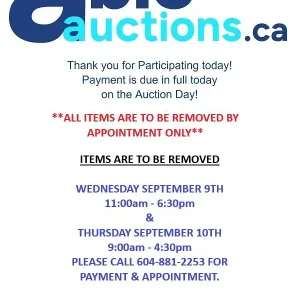 All items to be removed by appointment Tues August 9th 11am-6:30pm or Wed August 10th 9am-4:30pm