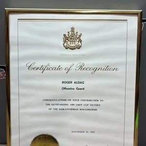 Certificate of Recognition For 1989 Grey Cup