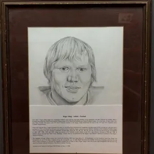 Framed Drawing & Writeup About Roger Aldag for
