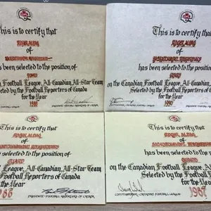 4 CFL All-Canadian All-Star Team Certificates.
