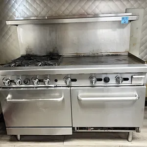60” gas oven and grill, 4 burners, 2 ovens, grill 35”x20”, upper stainless shelf