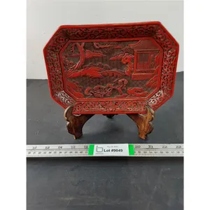 Vintage Chinese Cinnabar-Style Lacquer Landscape Tray-Octagon Shape-9.7"x6.7"