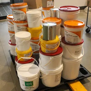 PALLET OF VARIOUS PAILS OF DONUT GLAZES, ICING,