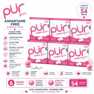 6 PUR BUBBLE GUM ASPARTAME FREE 9 PIECES PACK