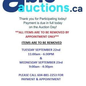 Removal is by appointment only. Tues Sept 22nd 11am-6:30pm & Wed Sept 23rd 9am-4:30pm