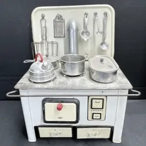 Tin Litho Toy Stove from Germany with Accessories